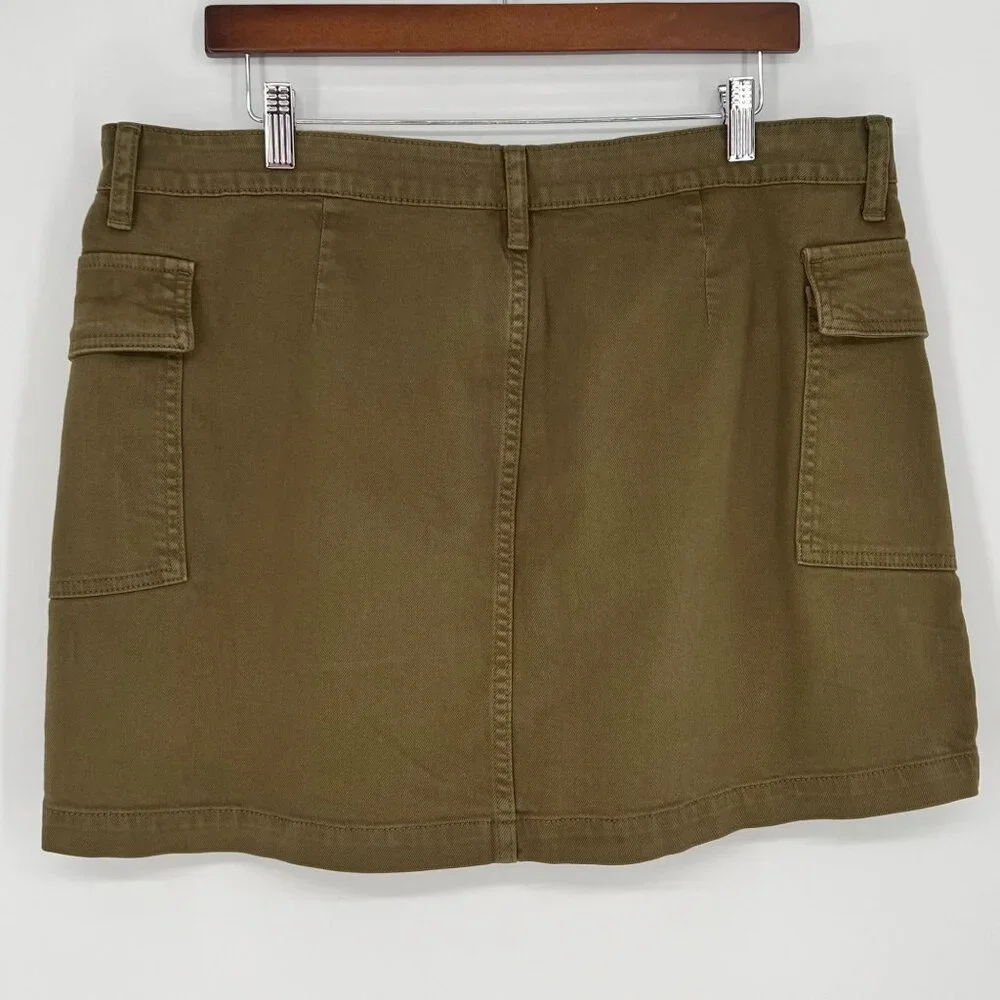 JustUSA Women Cargo Mini Skirt Size XL Olive Green Cotton Stretch Pockets Summer
